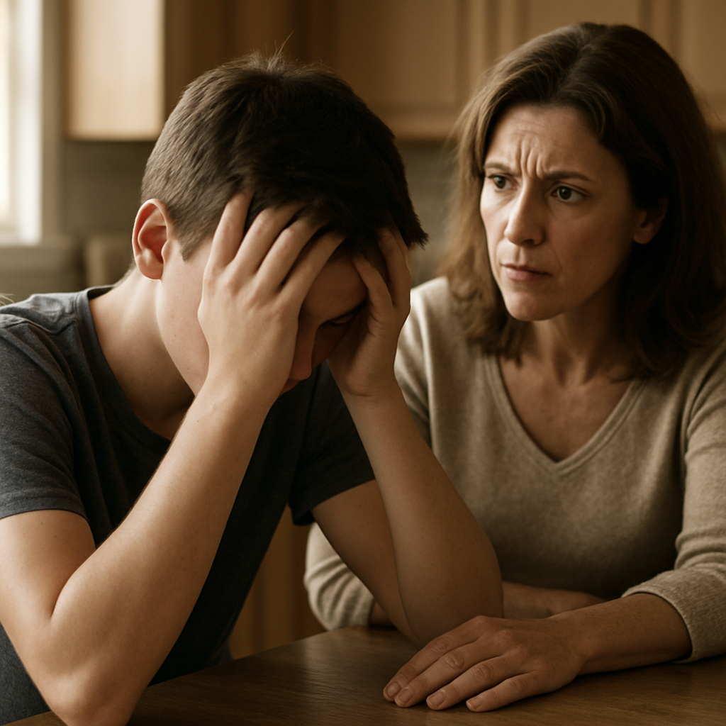 mom looking at son who has his head in his hands
