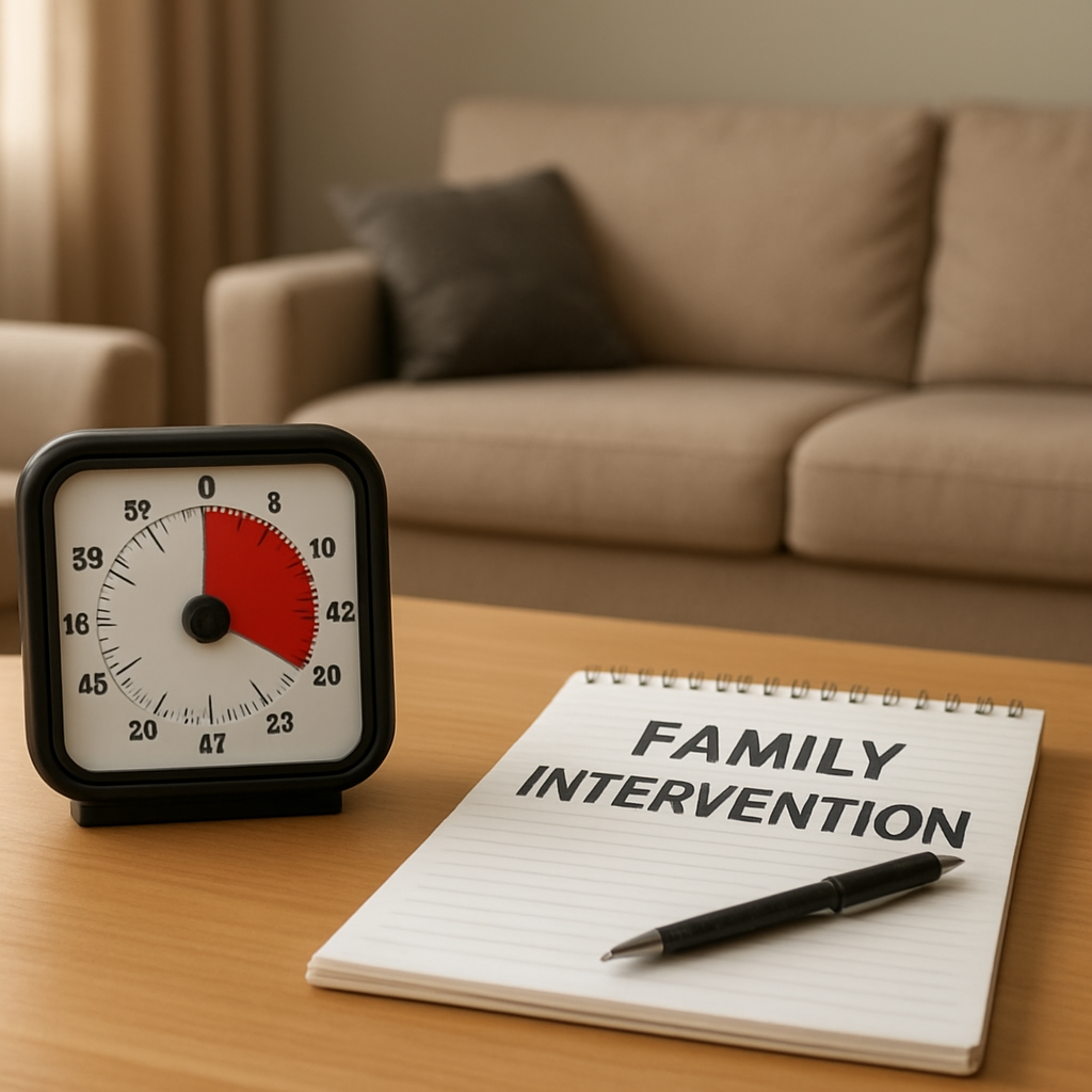 family intervention written on notebook with clock beside it