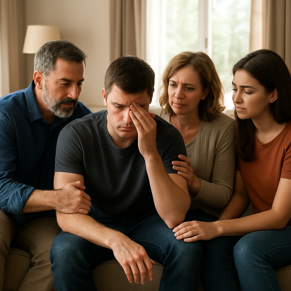 family consoling young adult male on couch