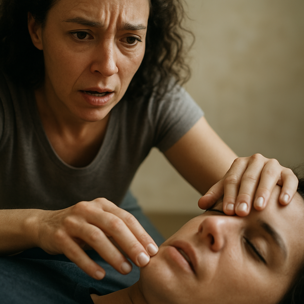 woman inspecting man's face