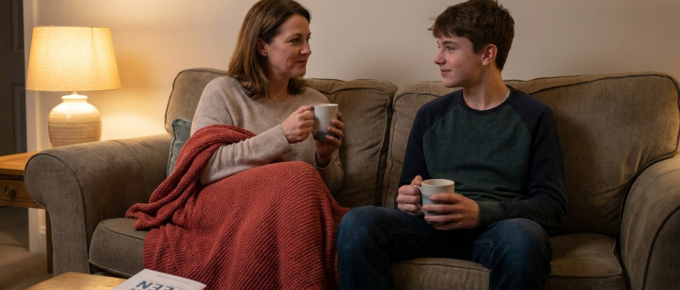 mom and son on couch drinking coffee