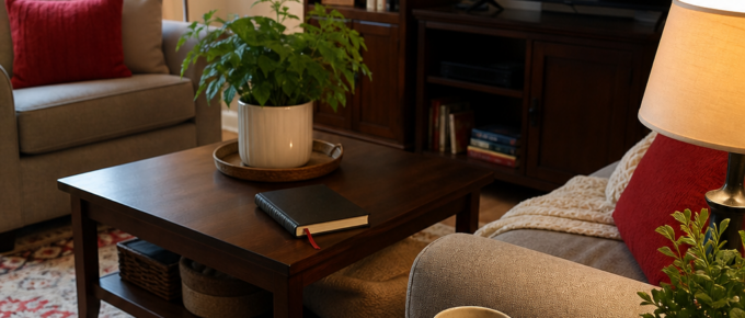 living room with emergency plan written on notebook