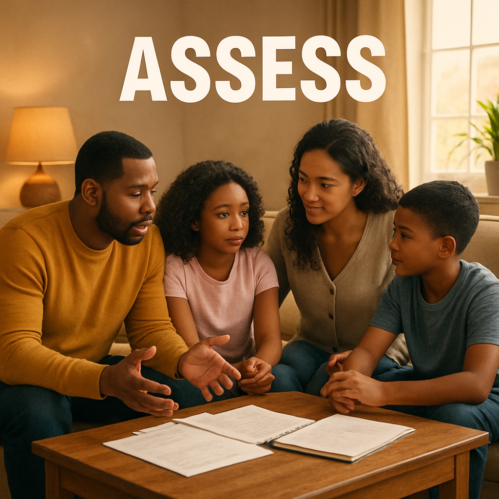 A Practical Guide to Implementing the ARISE Intervention Effectively 1 A warm, inviting living room where a family sits together around a coffee table, papers and a notebook open, illustrating the Assess phase of the ARISE intervention. Alt: ARISE intervention Assess phase family discussion