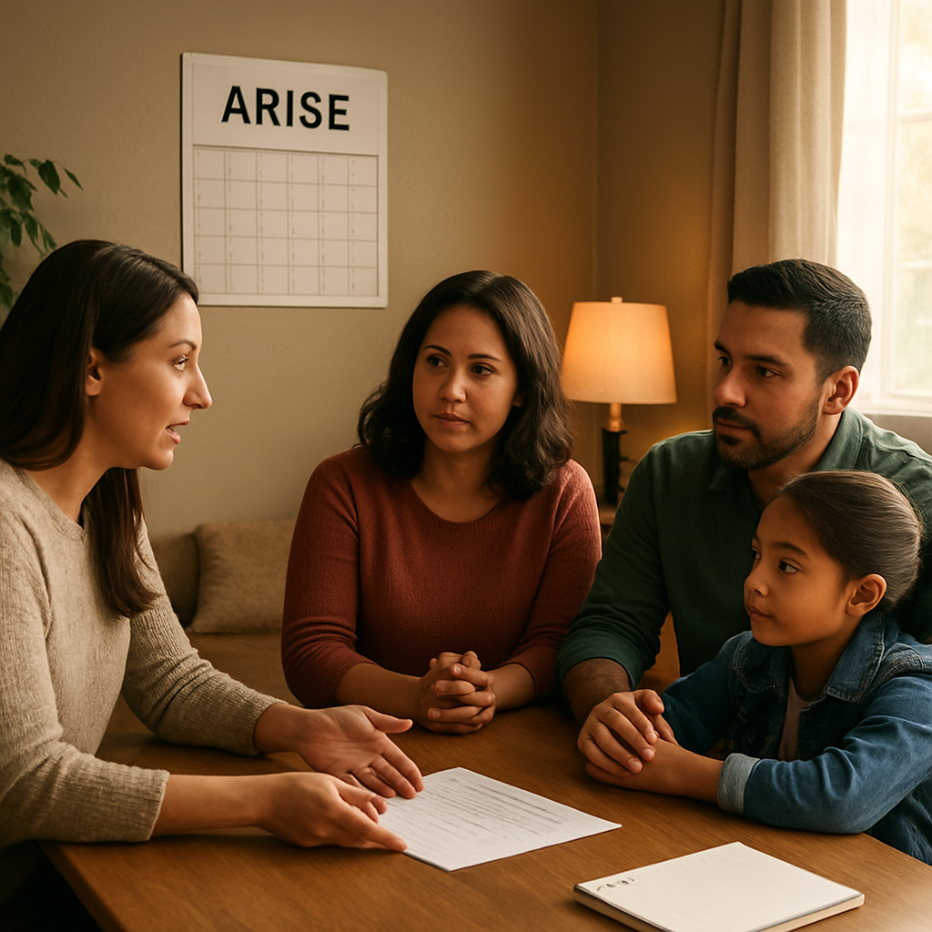 A Practical Guide to Implementing the ARISE Intervention Effectively 2 A warm living room scene with a family gathered around a table, a calendar pinned on the wall, and a supportive interventionist guiding the discussion. Alt: Family implementing ARISE intervention steps together.