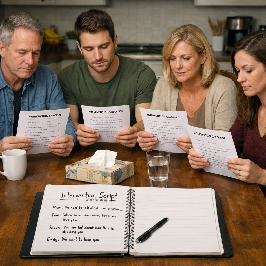 Family Intervention Checklist for Addiction PDF Guide 2 family rehearsing an intervention conversation