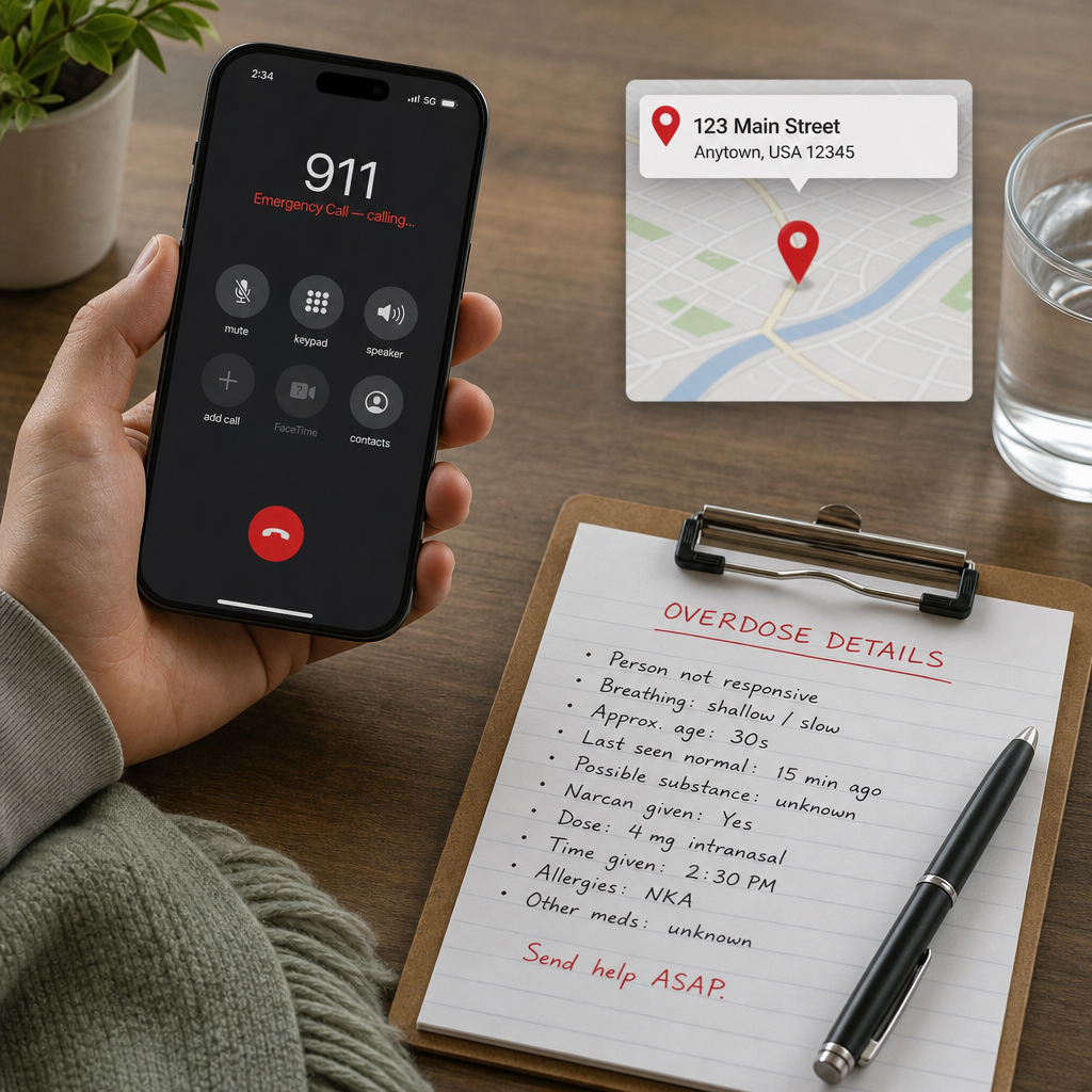 How to Recognize Signs of Fentanyl Overdose in a Friend 2 A realistic illustration of a phone call to emergency services with a calm hand holding a phone, a map pin indicating an