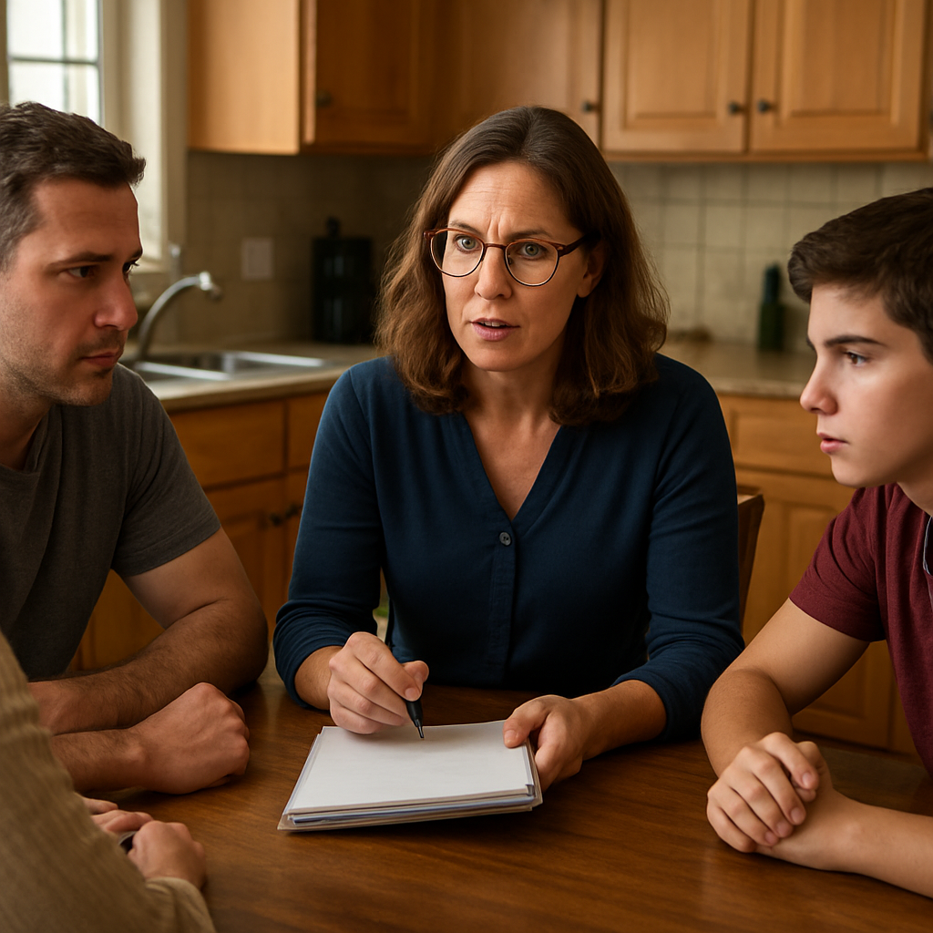 Comprehensive Guide for Aspiring Family Intervention Specialists 1 A compassionate family intervention specialist sitting at a kitchen table with a family, holding a notebook and offering guidance. Alt: family intervention specialist guiding a family through a recovery plan