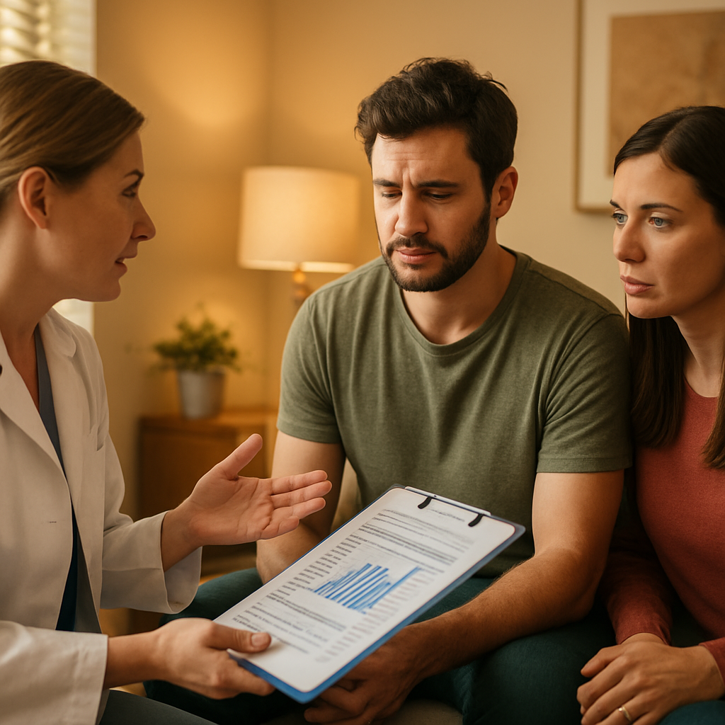 Effective Detox Treatment: A Step-by-Step Guide to Cleanse Your Body 1 A warm, well‑lit detox assessment room with a caring clinician reviewing lab results with a patient and their family member. Alt: detox assessment medical evaluation for families