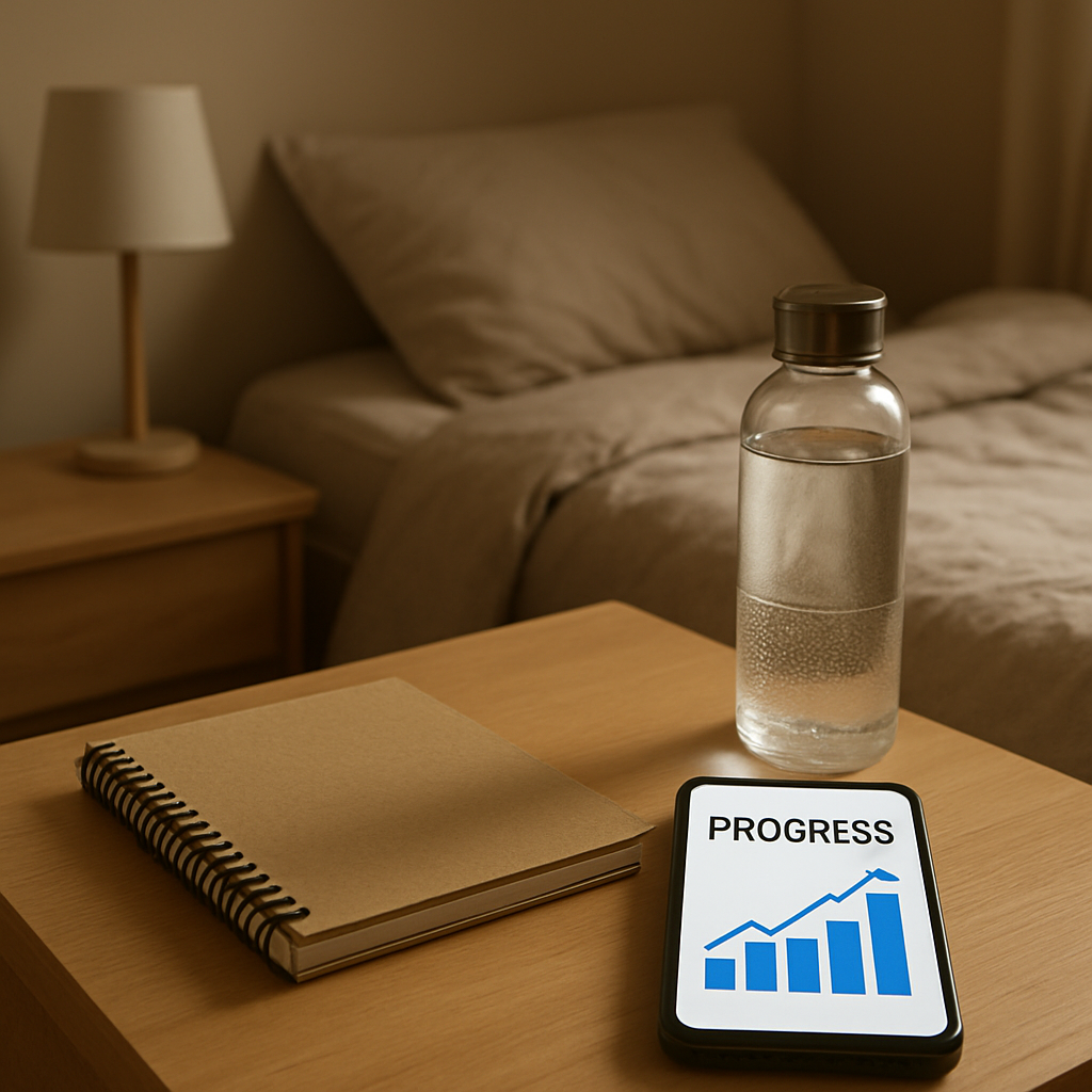 Effective Detox Treatment: A Step-by-Step Guide to Cleanse Your Body 2 A calm bedroom scene with a notebook, a water bottle, and a phone displaying a simple progress chart. Alt: monitoring progress during detox treatment