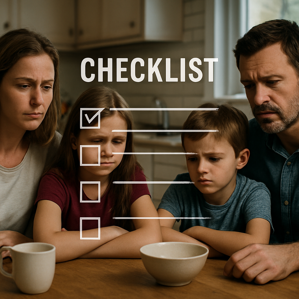 Effective Drug and Alcohol Intervention Strategies: A Practical Guide 1 A family sitting around a kitchen table, looking concerned, with a subtle overlay of a checklist. Alt: family recognizing need for intervention