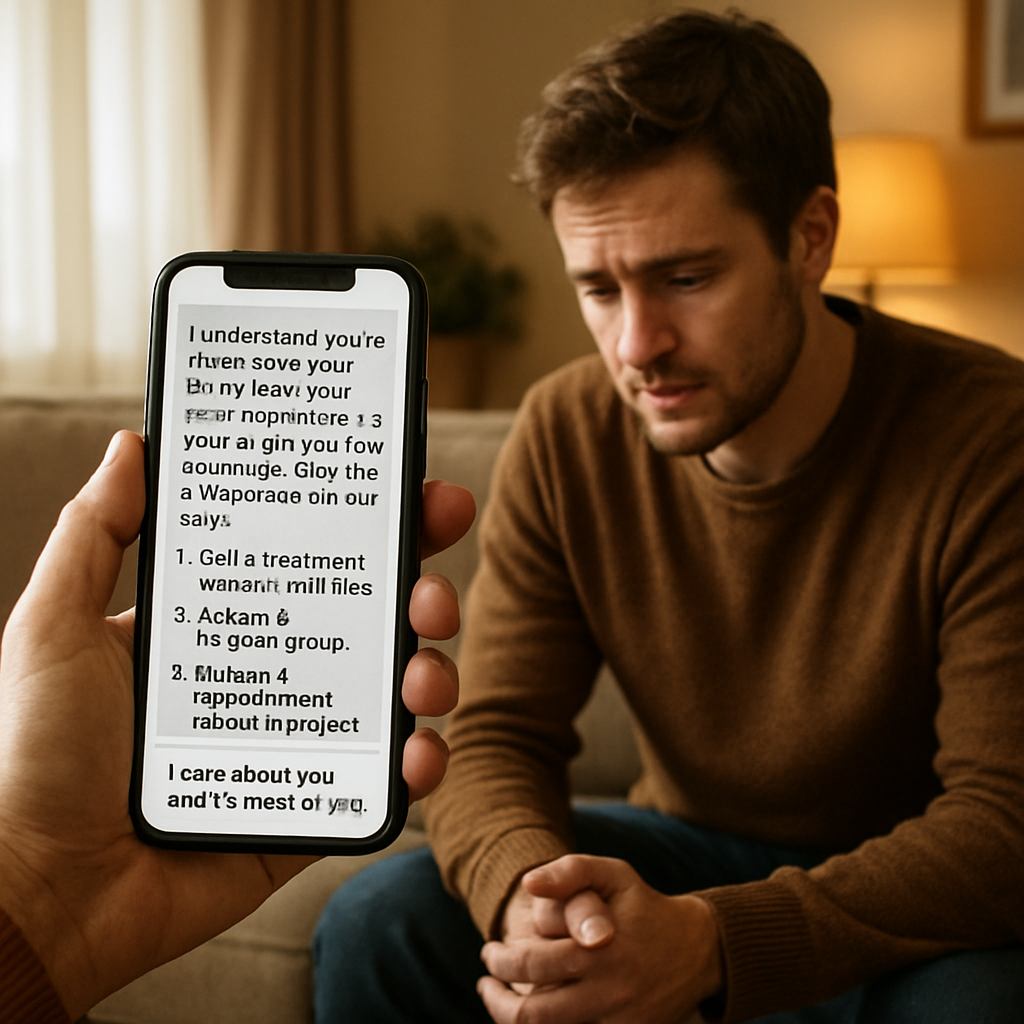 Effective Drug and Alcohol Intervention Strategies: A Practical Guide 2 A warm living room scene where a family member hands a supportive text on a phone to a loved one, showing empathy and a clear follow‑up plan. Alt: drug and alcohol intervention follow‑up support plan illustration