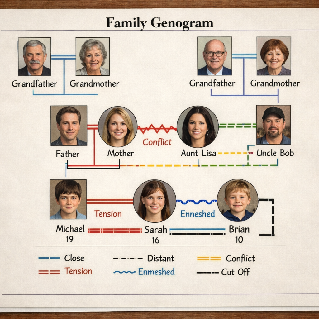 How to Build a Family Addiction Intervention Checklist in 2026 2 A realistic illustration of a family genogram with colored lines showing connections and stress points. Alt: family dynamics diagram for intervention