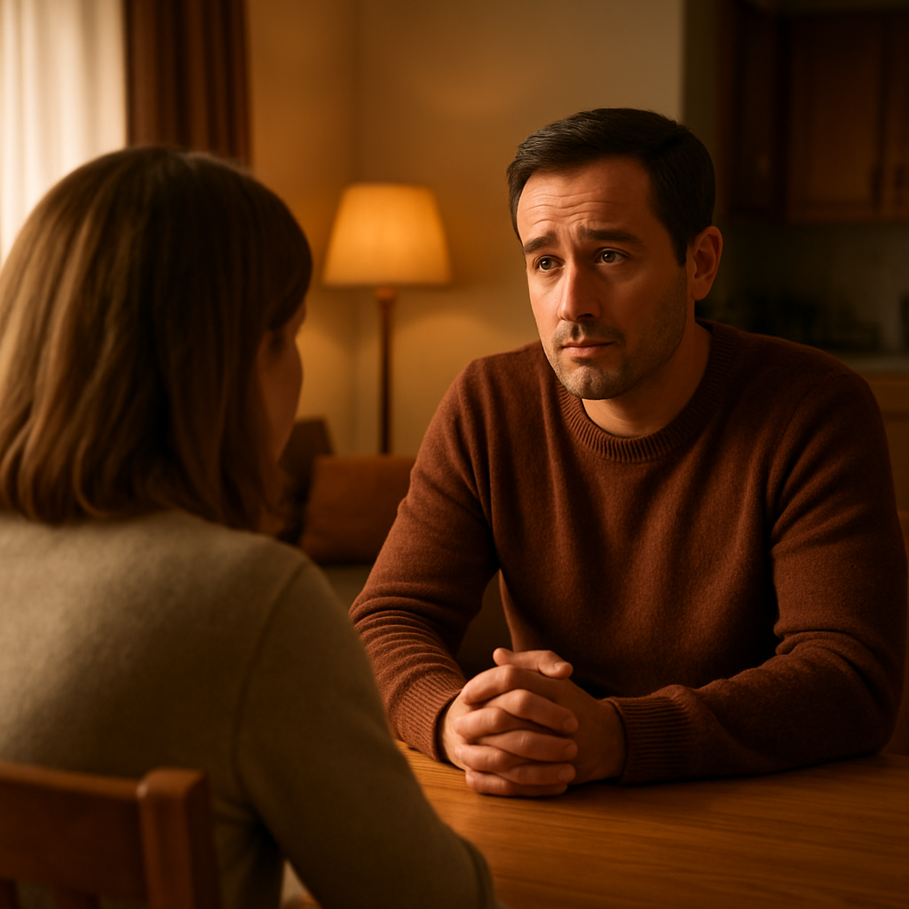 How to Convince Someone to Go to Rehab: A Compassionate Step-by-Step Guide 1 A warm living room scene where a family member sits across a kitchen table, listening intently with a supportive expression. The setting feels safe and intimate, emphasizing trust and connection. Alt: Building trust before discussing rehab with a loved one.