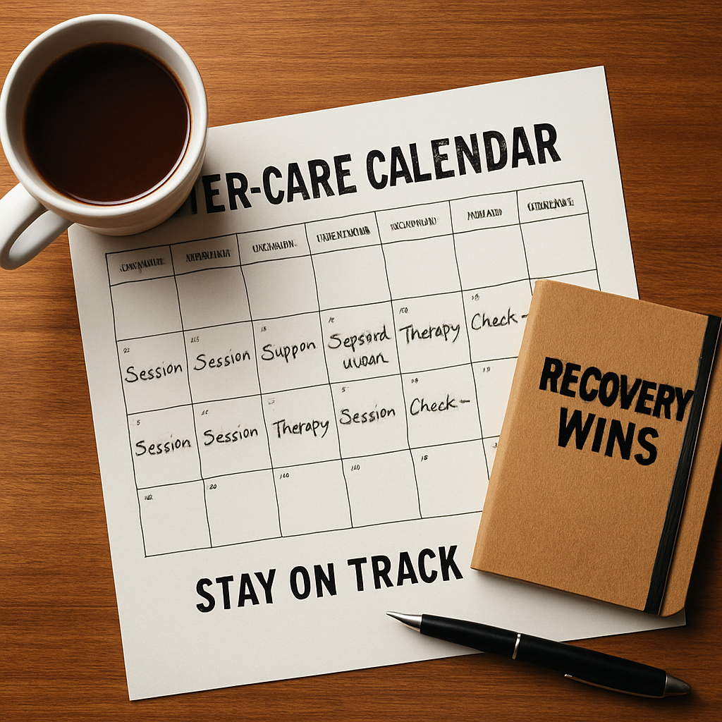 How to Convince Someone to Go to Rehab: A Compassionate Step-by-Step Guide 2 A warm, organized tabletop with a printed after‑care calendar, a coffee mug, and a small notebook titled “Recovery Wins”. Alt: Support plan after rehab admission, showing calendar and tools for lasting recovery.