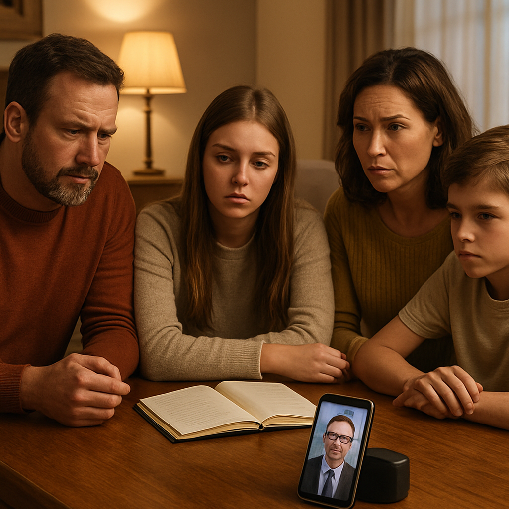 How to Find an Interventionist: A Step-by-Step Guide for Families 2 A warm living room with a family sitting around a coffee table, a notebook open, and a phone on speaker for a virtual consultation with an interventionist. Alt: Family conducting an initial consultation with an interventionist over video call.