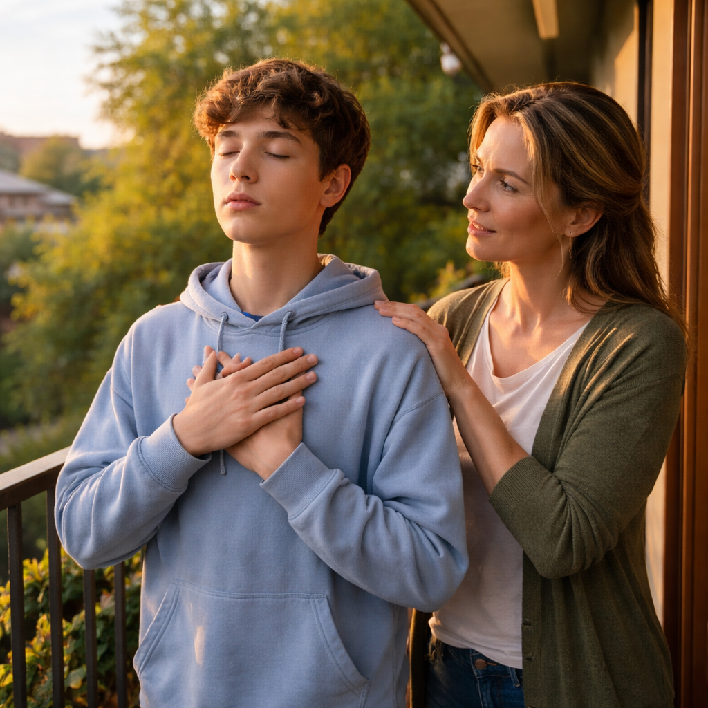How to Talk to a Teen About Opioid Use: A Compassionate Guide for Parents 2 A realistic picture of a teen practicing deep‑breathing on a balcony, with a parent nearby offering supportive guidance. Alt: healthy coping strategies for teen opioid discussions