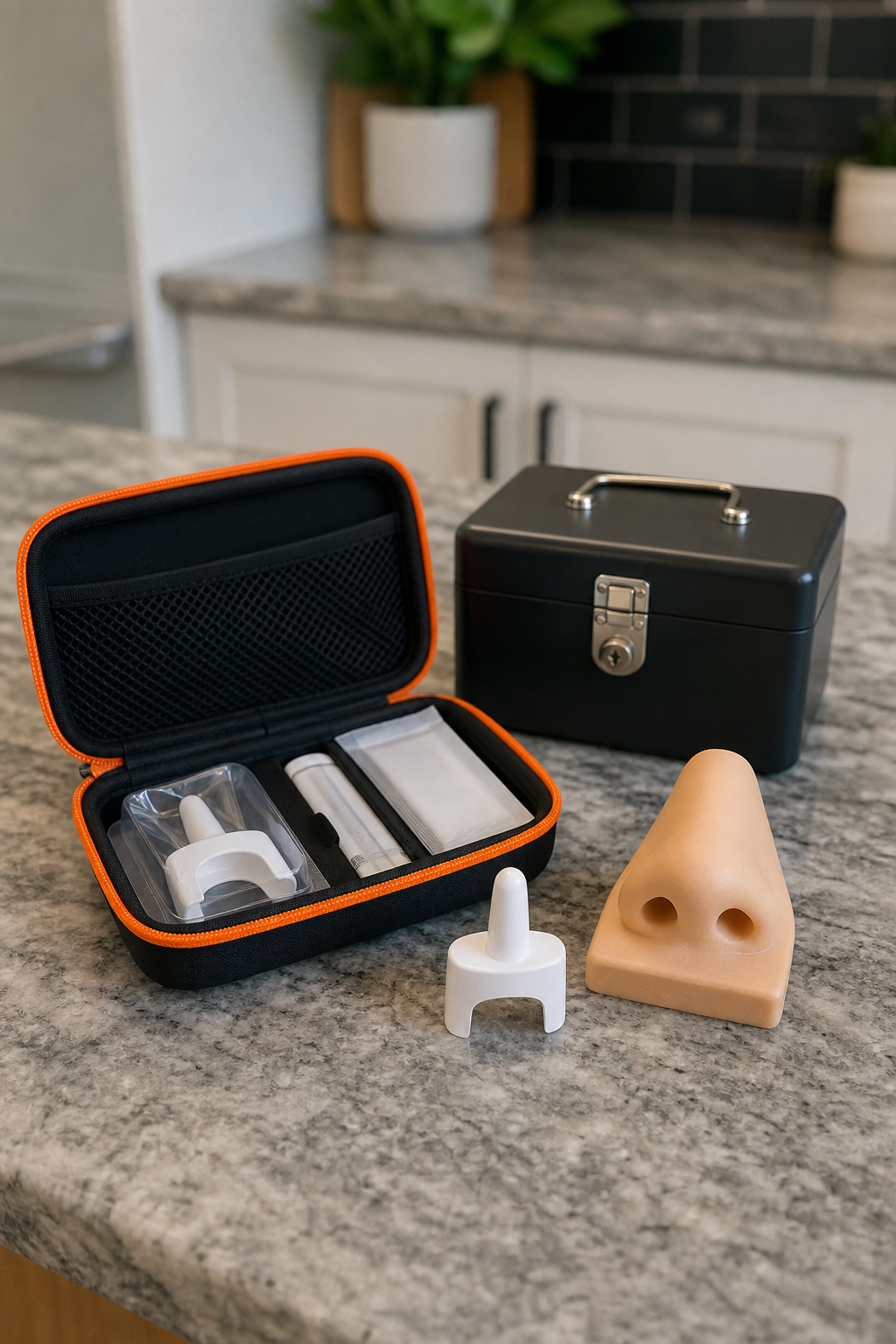 How to Use Naloxone at Home (Step-by-Step Guide) 2 A realistic photo of a naloxone nasal spray kit open on a kitchen counter, next to a trainer device, with a small lockbox in the background. Alt: Naloxone kit preparation: trainer device, nasal spray, and storage lockbox.