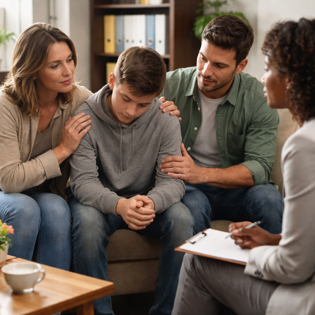 Opioid Overdose First Aid Steps for Families: A Practical Guide 2 A realistic scene of a family sitting together with a counselor, discussing next steps after an overdose; Alt: family aftercare meeting with professional support
