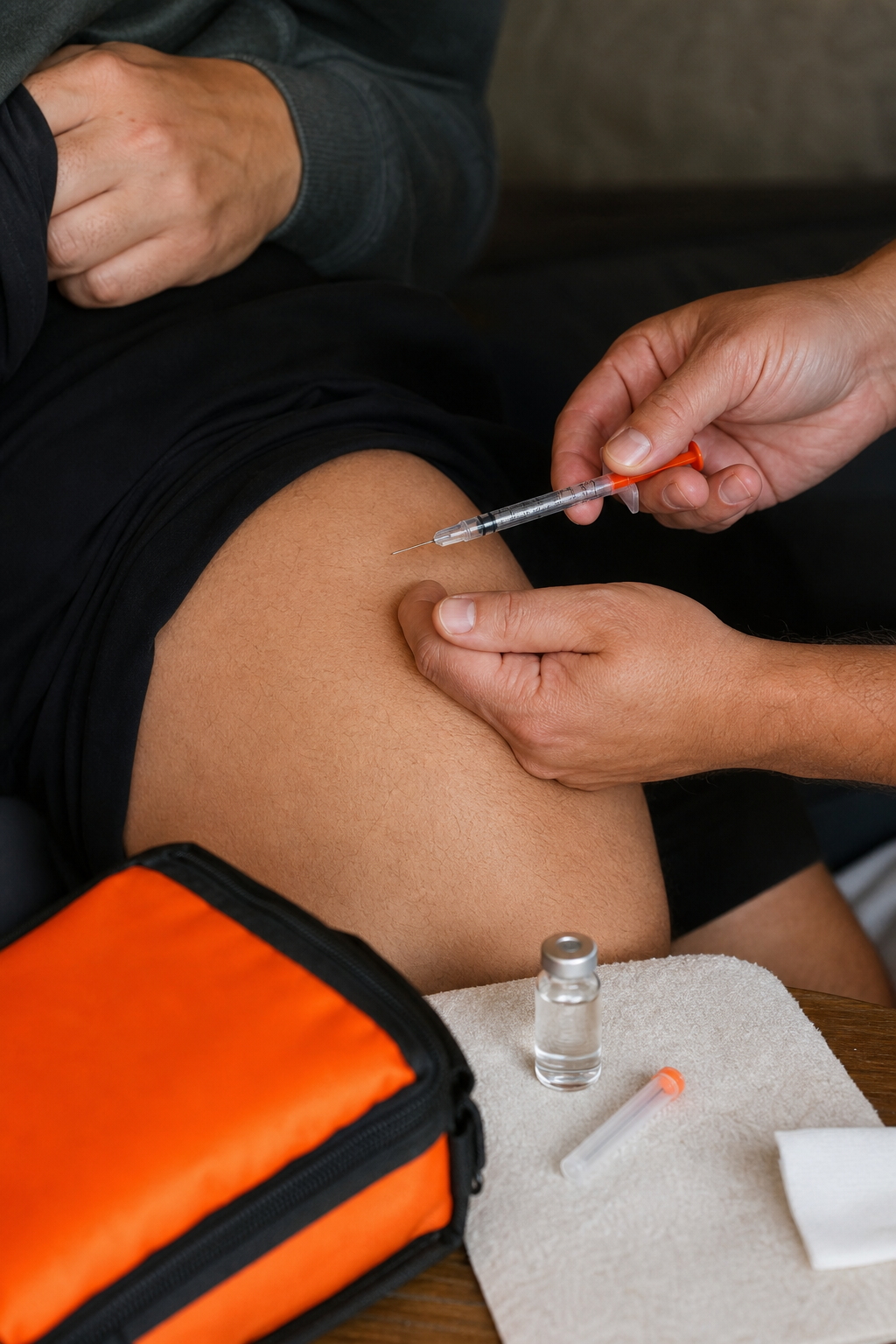 Step-by-Step Naloxone Guide for Families: 10 Critical Resources 2 A realistic photograph of hands preparing an intramuscular injection into a thigh, with a naloxone vial and syringe on a table. Alt: Intramuscular naloxone injection step by step.