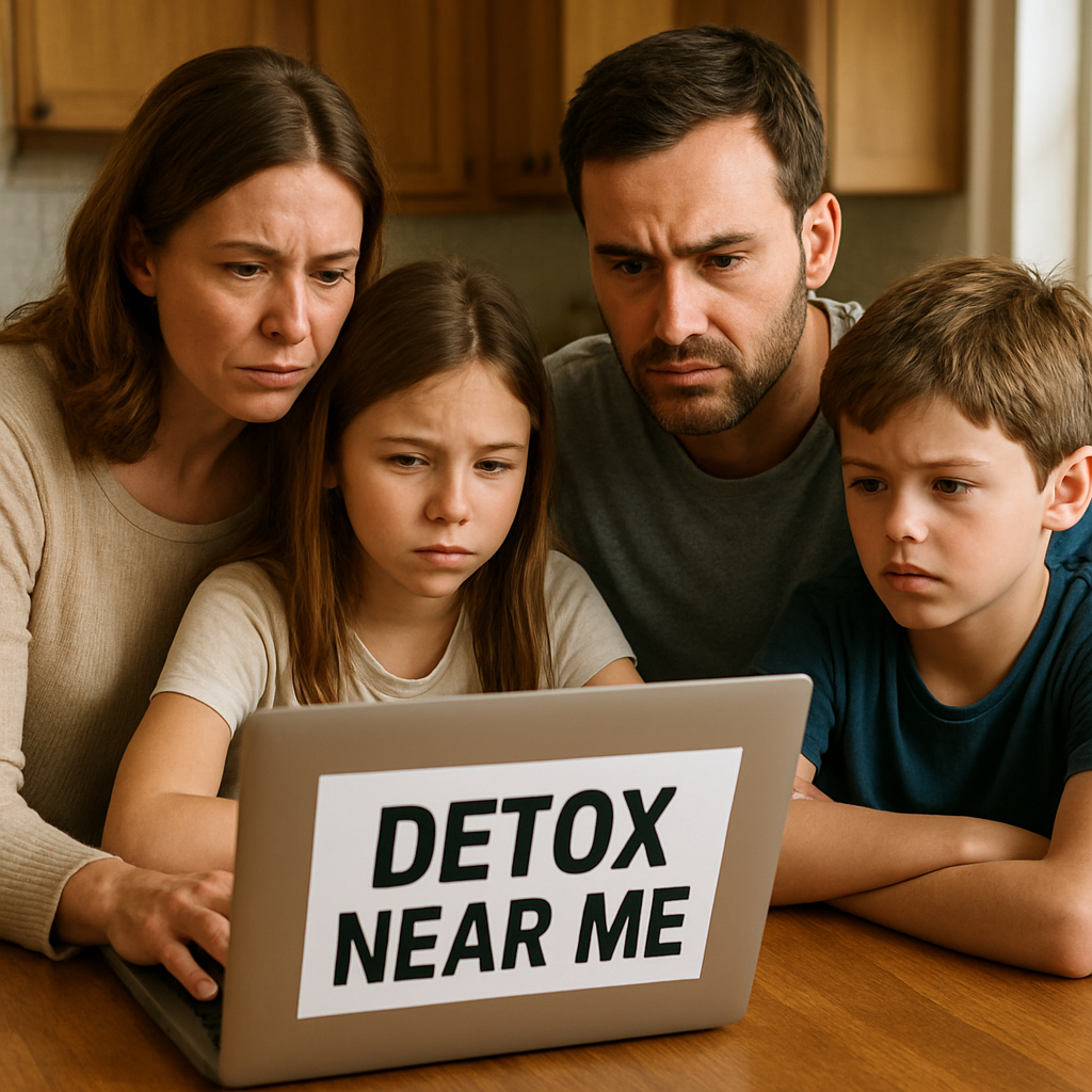 A compassionate family sitting around a kitchen table, laptop open, researching local detox centers. Alt: family researching detox near me options together.
