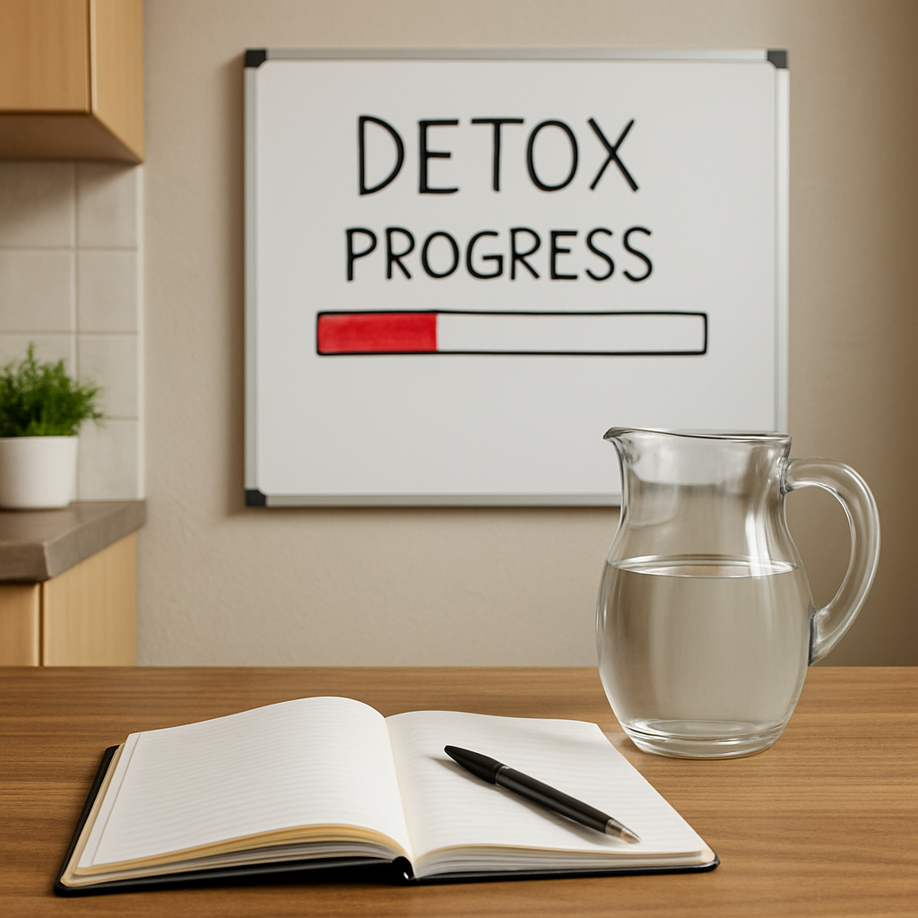 A calm, organized home setting with a notebook, water pitcher, and a whiteboard progress bar on the kitchen wall. Alt: Tracking progress during detox at home with simple tools.
